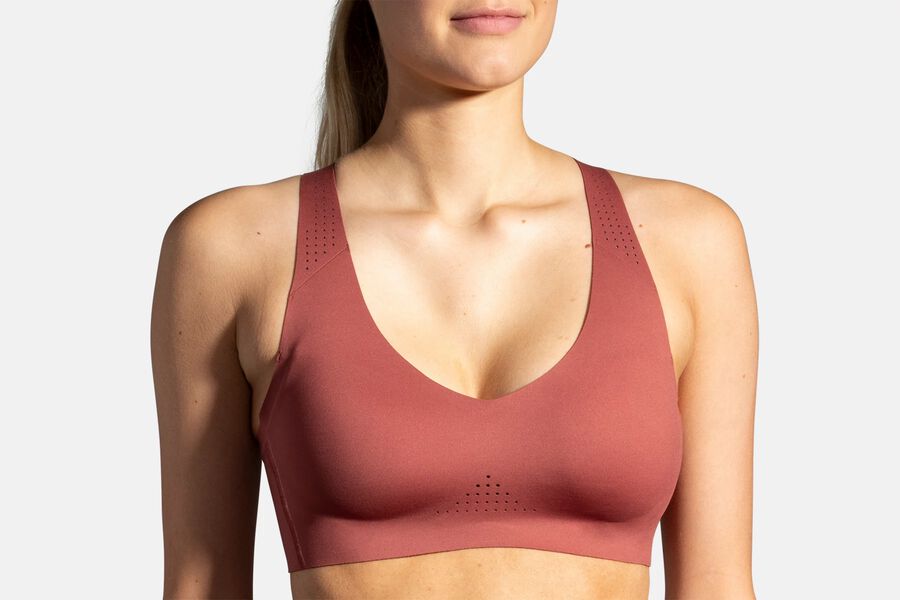 Womens Brooks Dare V Neck Run Bras Terracotta/Fluoro Pink | 549271-YWU